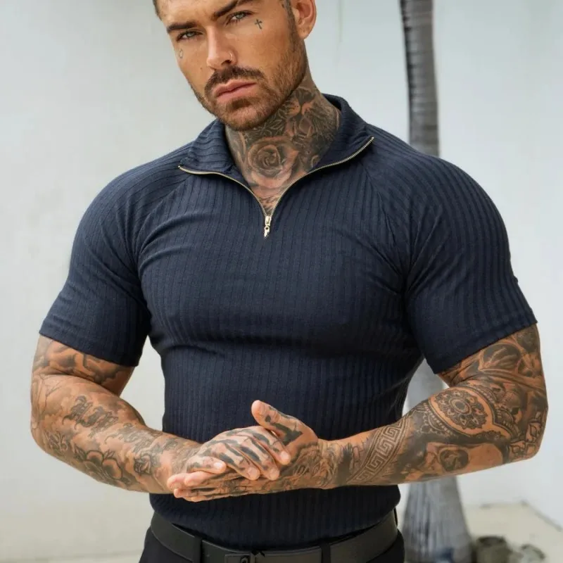 Camiseta táctica hombre cremallera cuello alto solapa rayas multicolor