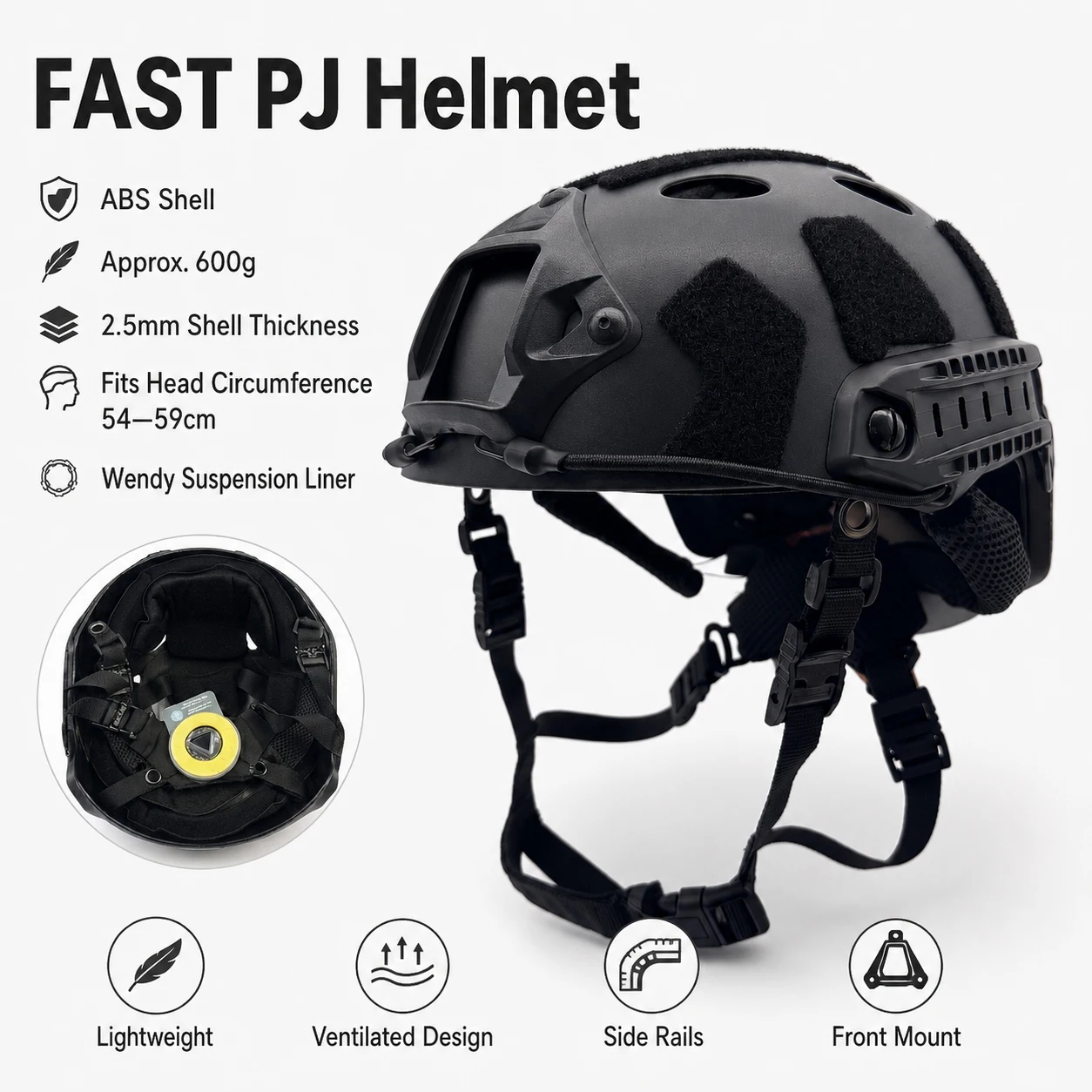 Casco FAST PJ de ABS con ventilaciones y rieles laterales