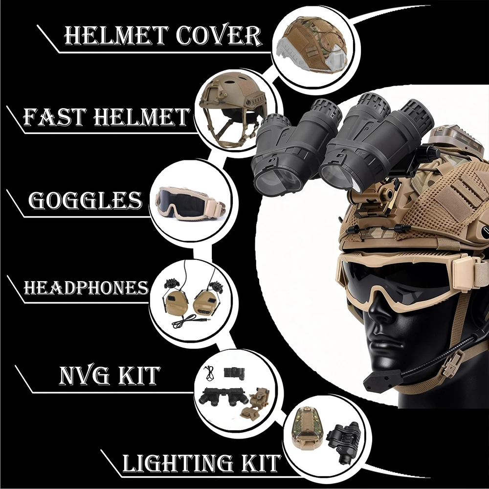 Casco táctico airsoft con luz, linterna y gafas protección - imagen 2