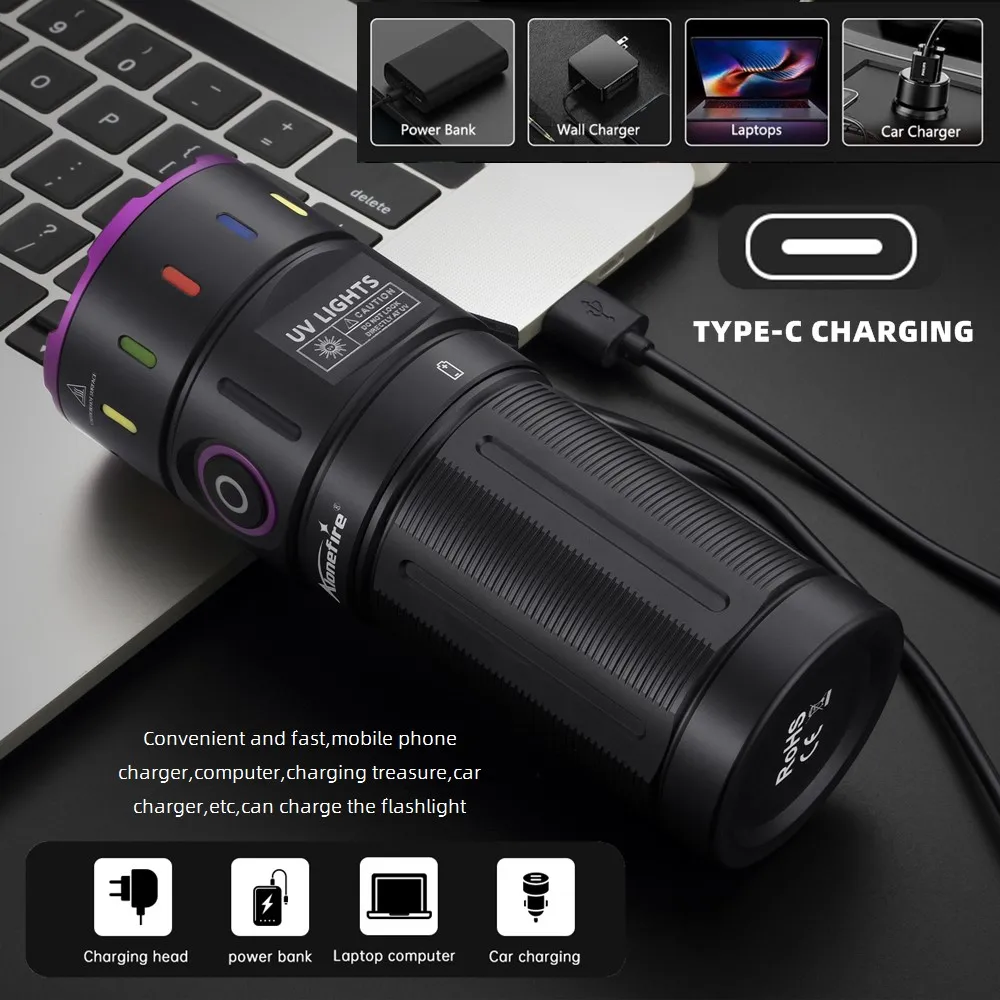 Linterna UV LED 365nm recargable USB – Luz negra de alta potencia - imagen 2
