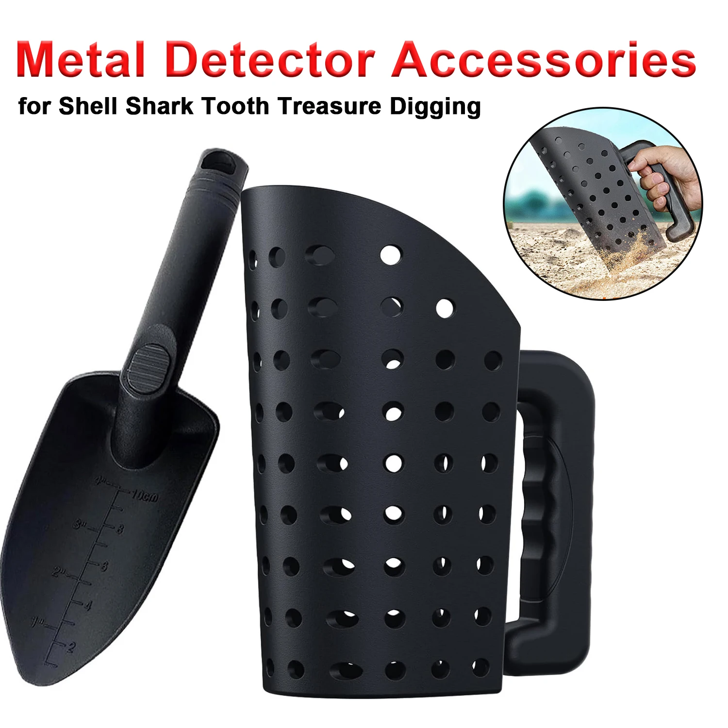 Pala para detector de metales negra, excavación playa