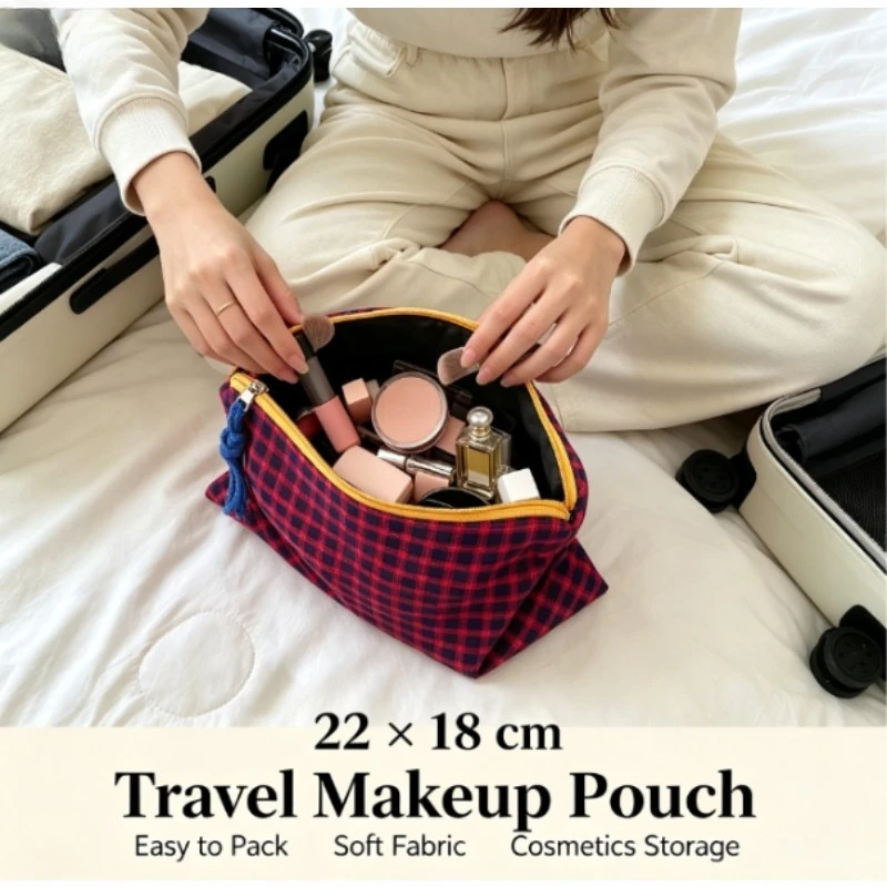 Bolsa de maquillaje de gran capacidad con diseño a cuadros - imagen 3