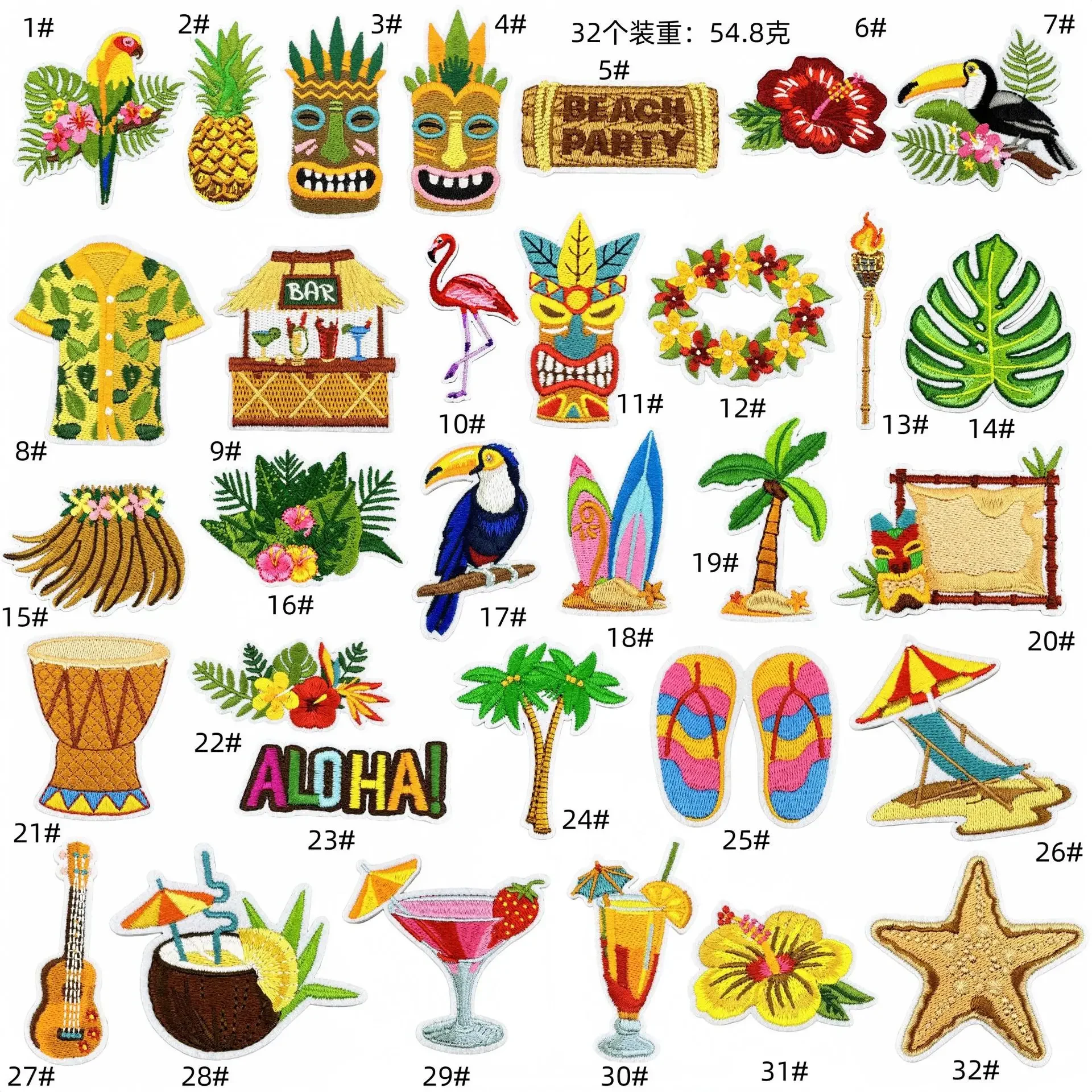 Detalle del apliques bordados estilo isla tropical
