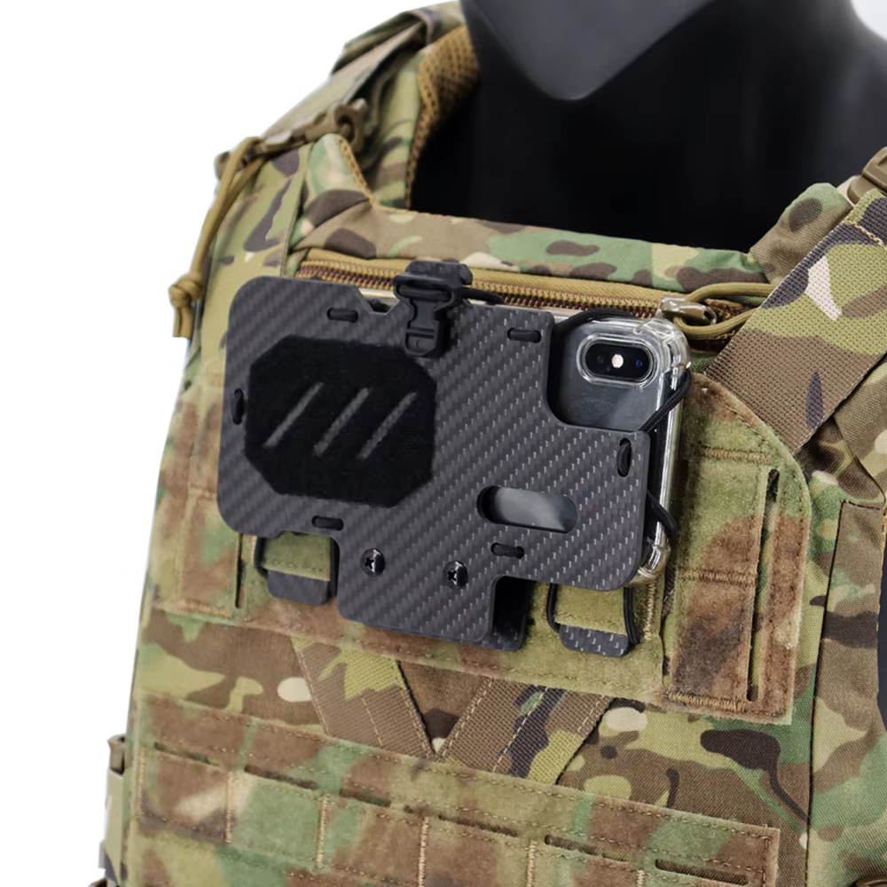 Chaleco táctico MOLLE fibra carbono – Placa pecho porta móvil