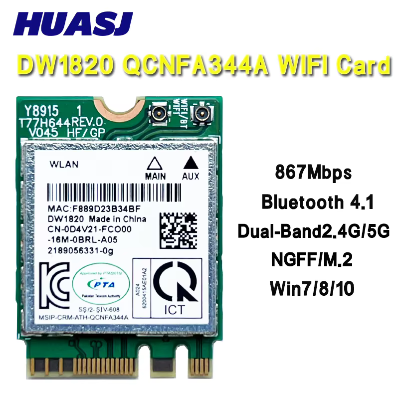 Vista frontal de la tarjeta DW1820 QCNFA344A