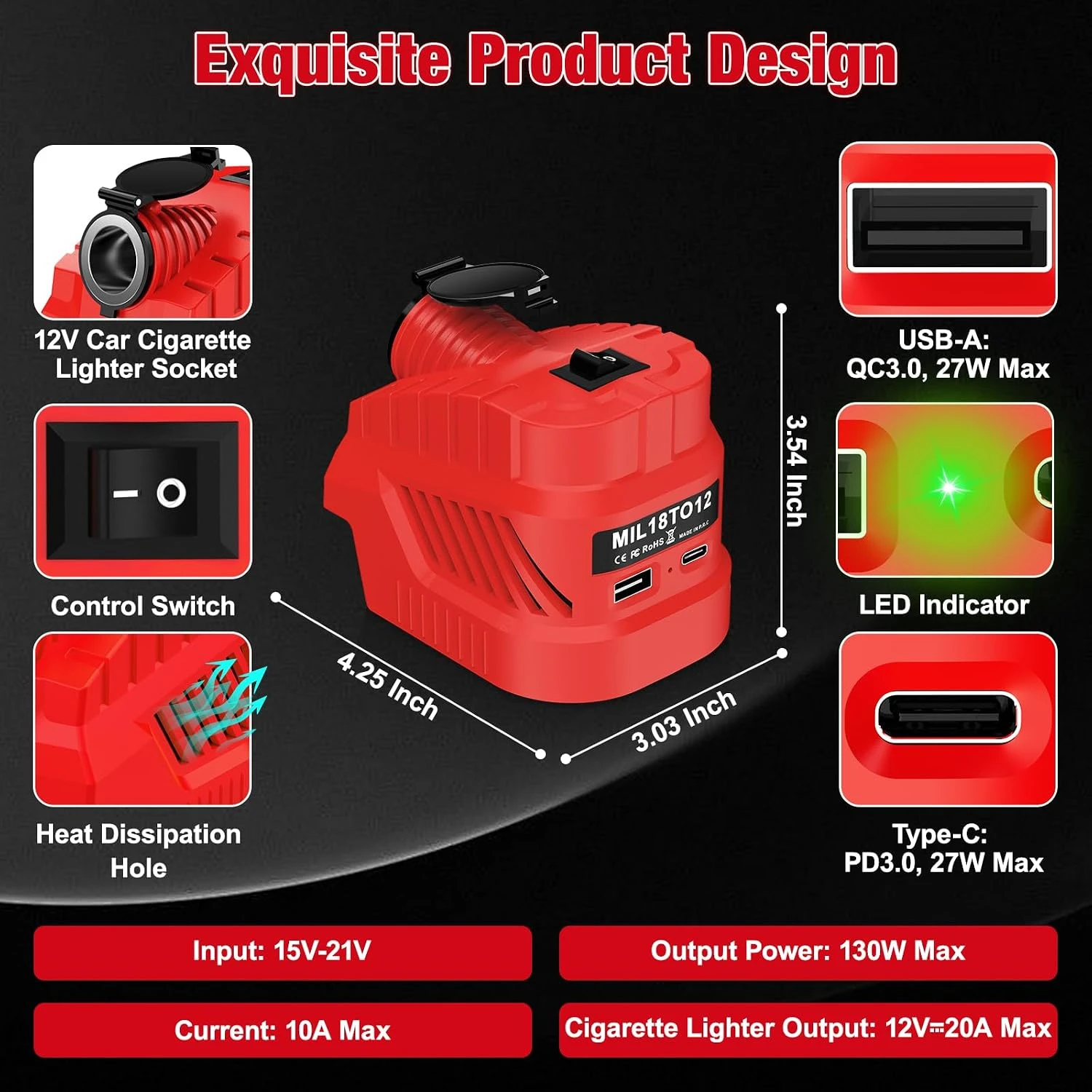 Adaptador 18V a 12V Baterías Makita, Milwaukee, Dewalt – 20A USB-C - imagen 5