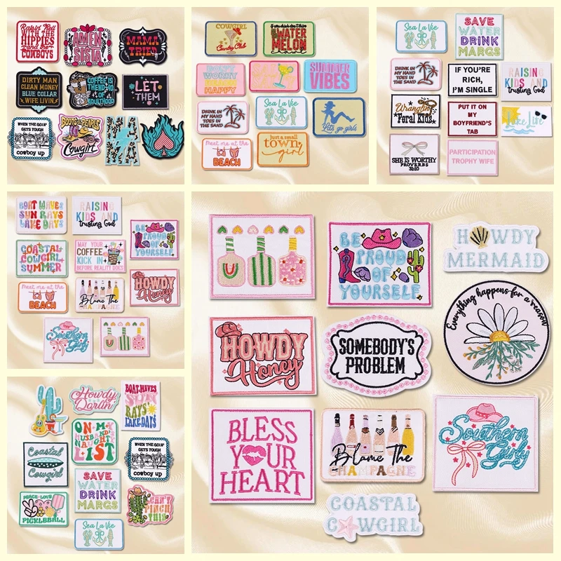 Parches termoadhesivos bordados de dibujos, letras y eslóganes