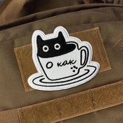 Parche bordado táctico gato negro taza café con velcro para mochila