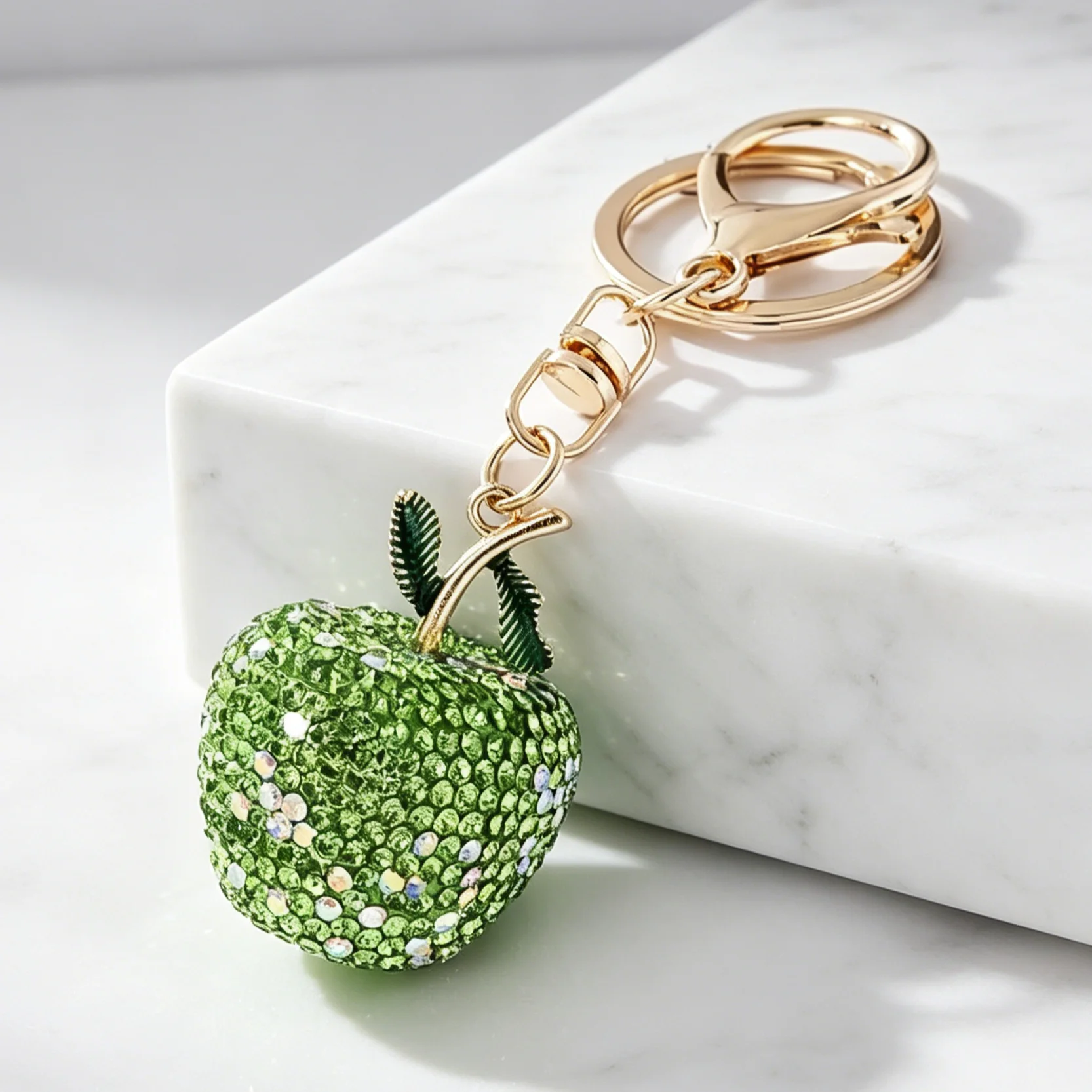 Llavero manzana verde con colgante de cristal y diamantes