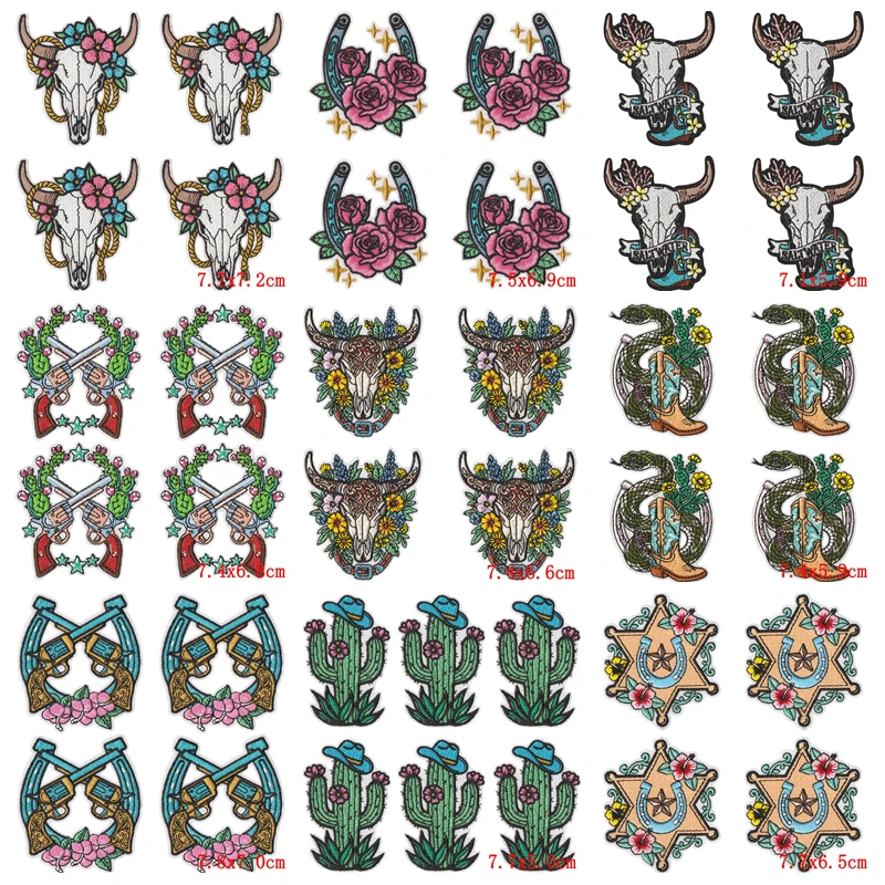 Parche táctico termoadhesivo bordado estilo oeste toro calavera floral - imagen 5