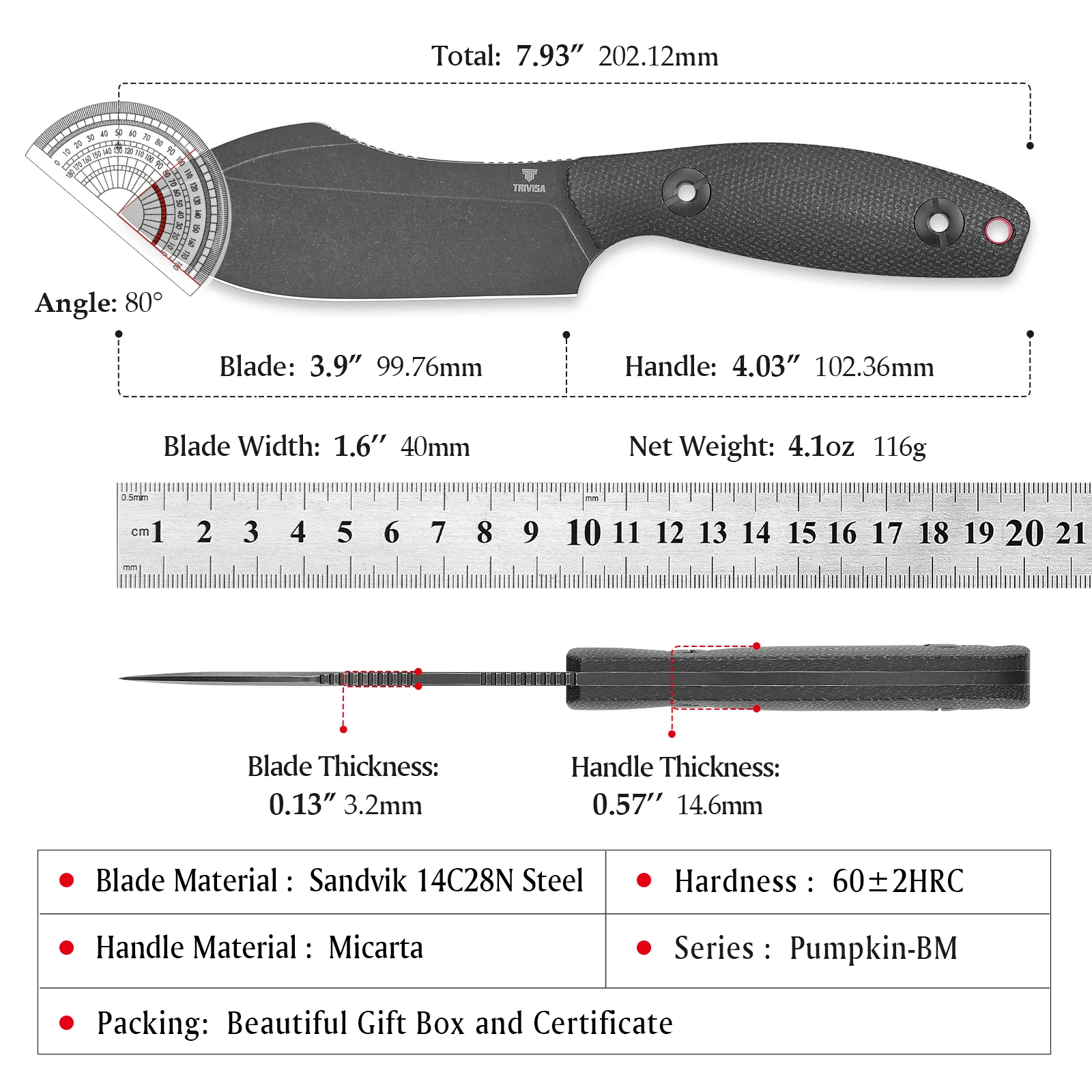 Cuchillo TRIVISA Straight Pumpkin-BM con funda Kydex para camping - imagen 4