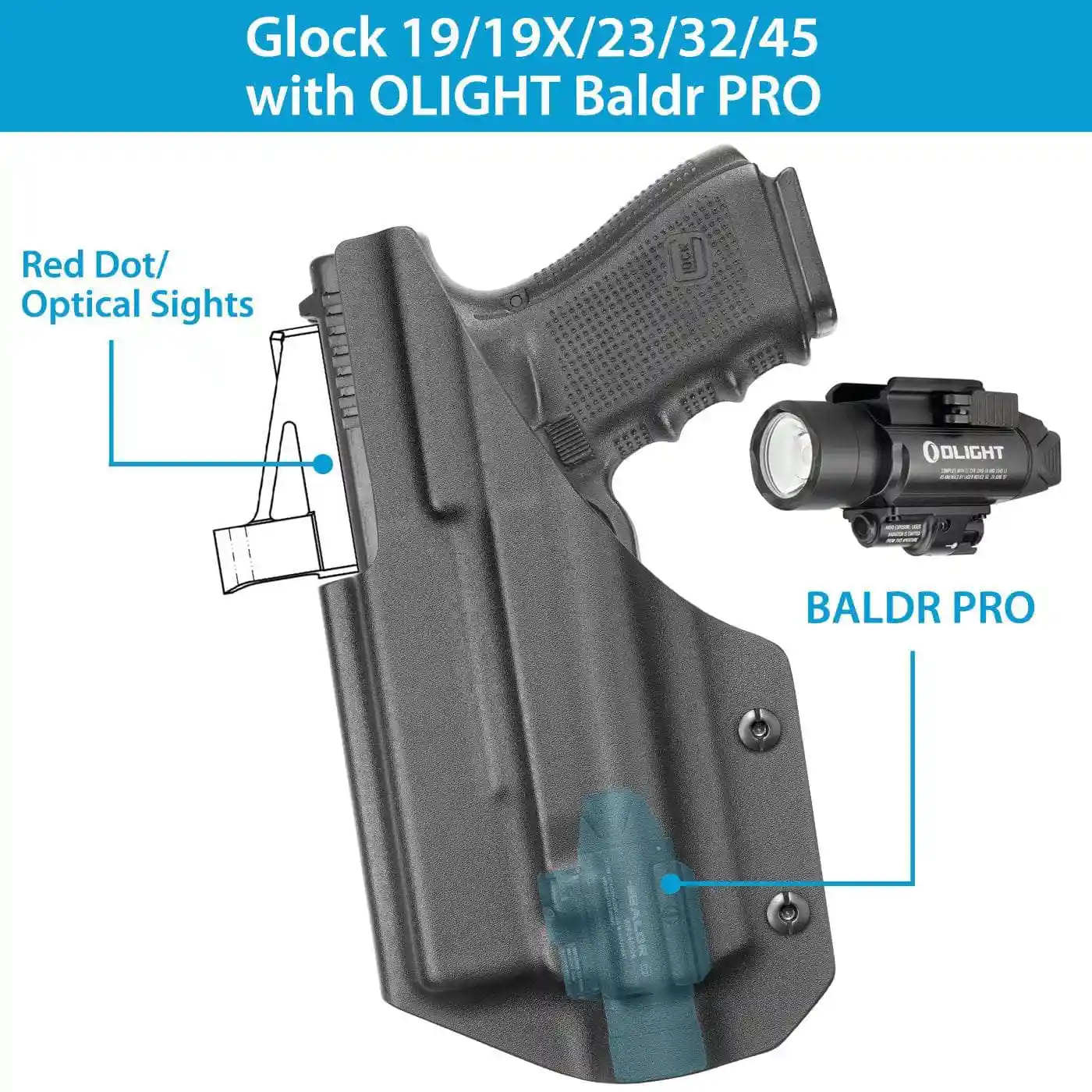 Funda Kydex IWB para Glock con Olight Baldr PRO y punto rojo diestro - imagen 3