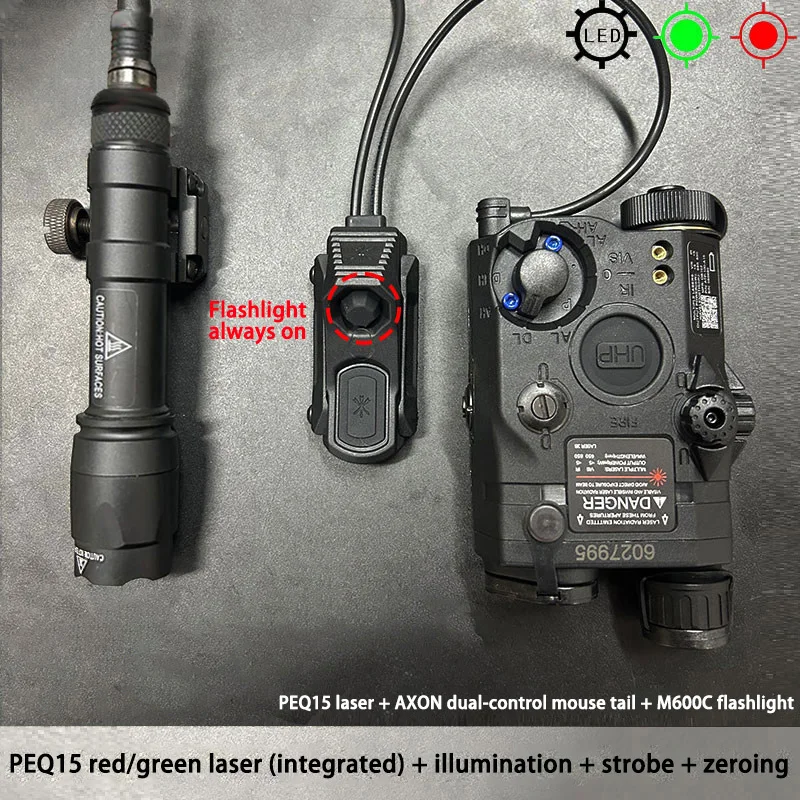 PEQ-15 Linterna táctica con láser rojo y verde LED estroboscópico