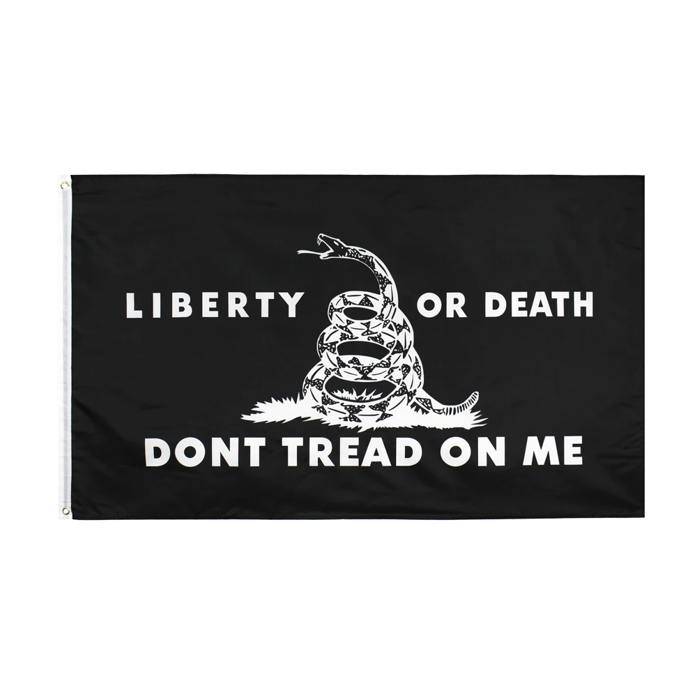 Bandera de Gadsden negra con texto “Don’t Tread on Me”