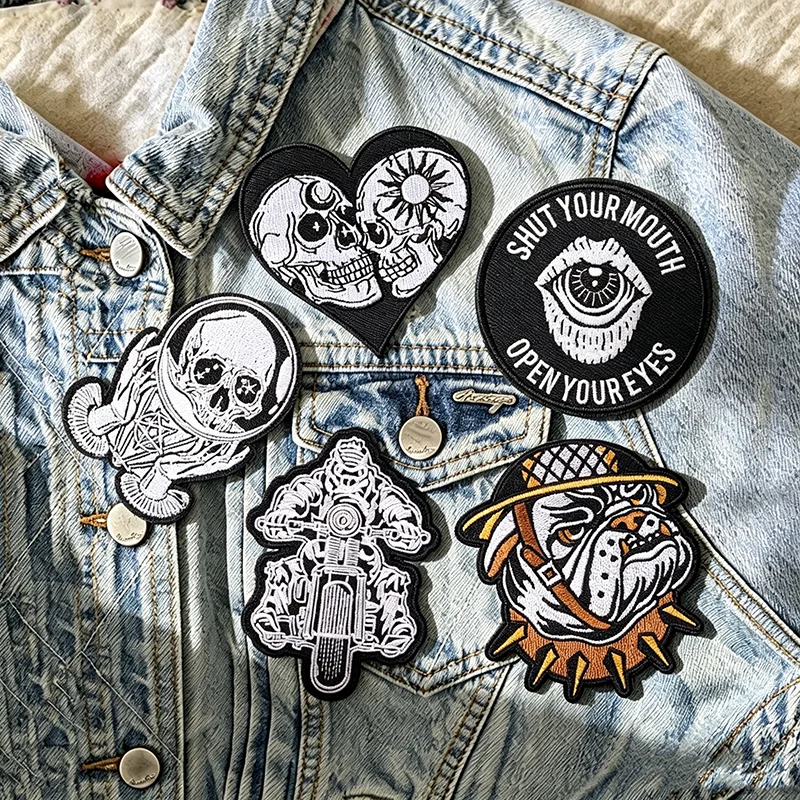 Parche termoadhesivo calavera gótica punk para moto, bordado sol-luna - imagen 3