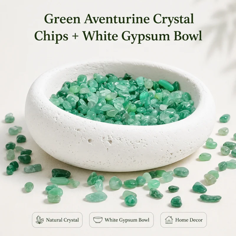 Cuencos de cristal aventurina verde con bandeja yeso artesanal