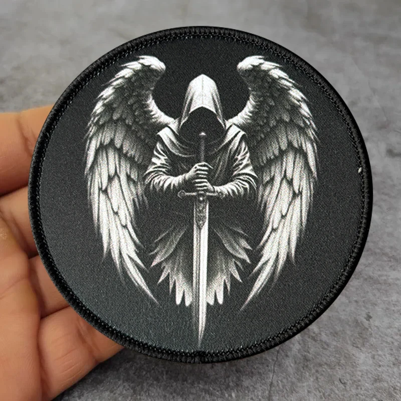 Parche táctico redondo negro espada ángel velcro gancho bucle