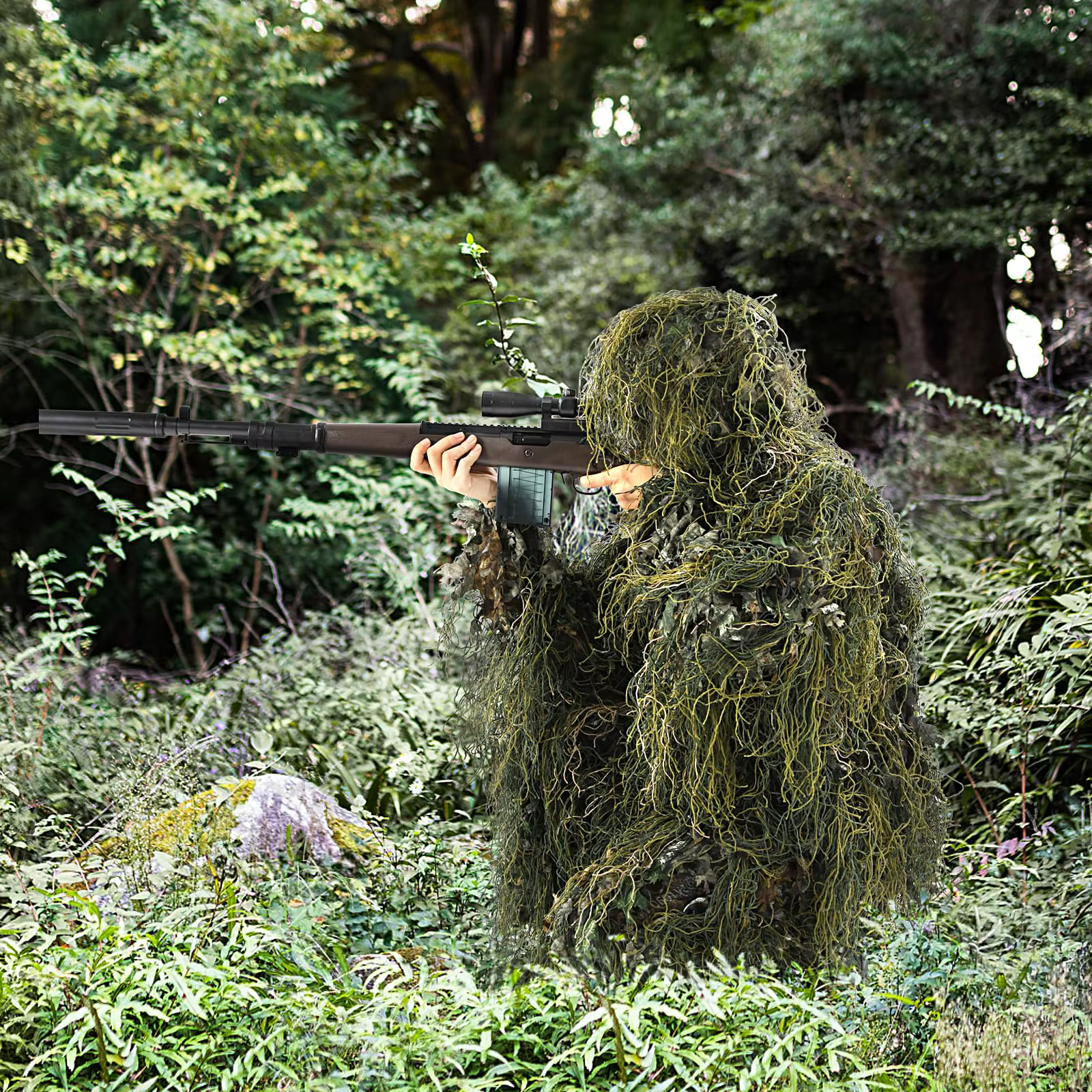 JOAXOR Ghillie traje camuflaje 3D hojas ligero caza táctica juvenil - imagen 4