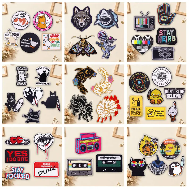 Parches termoadhesivos bordados mascotas letras, zorro y koi para jeans