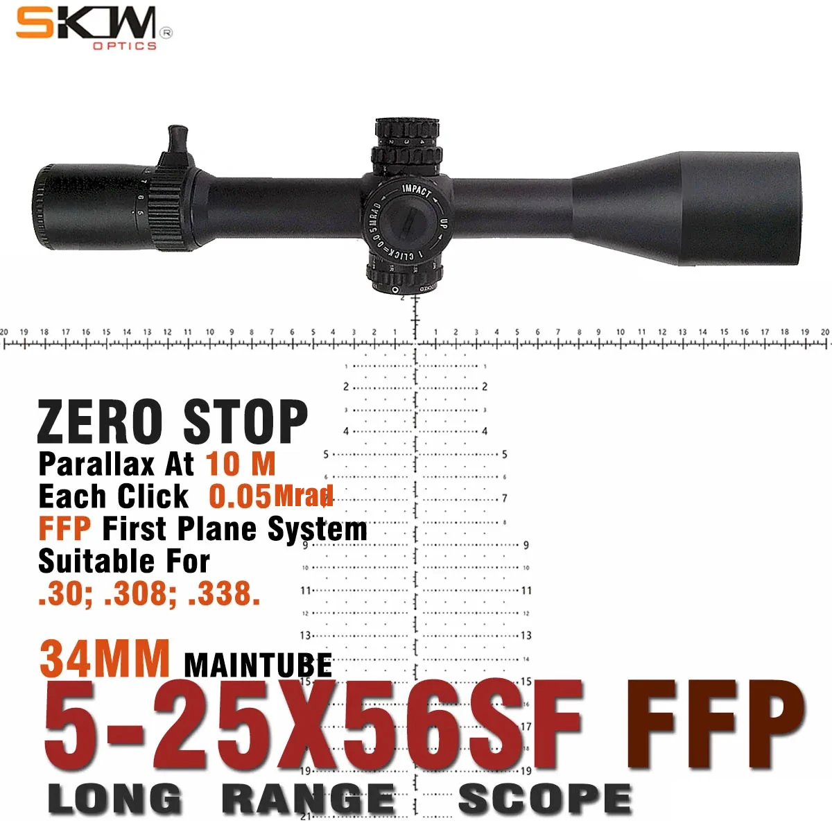 SKWoptics Mira de rifle FFP retícula focal precisa largo alcance - imagen 3