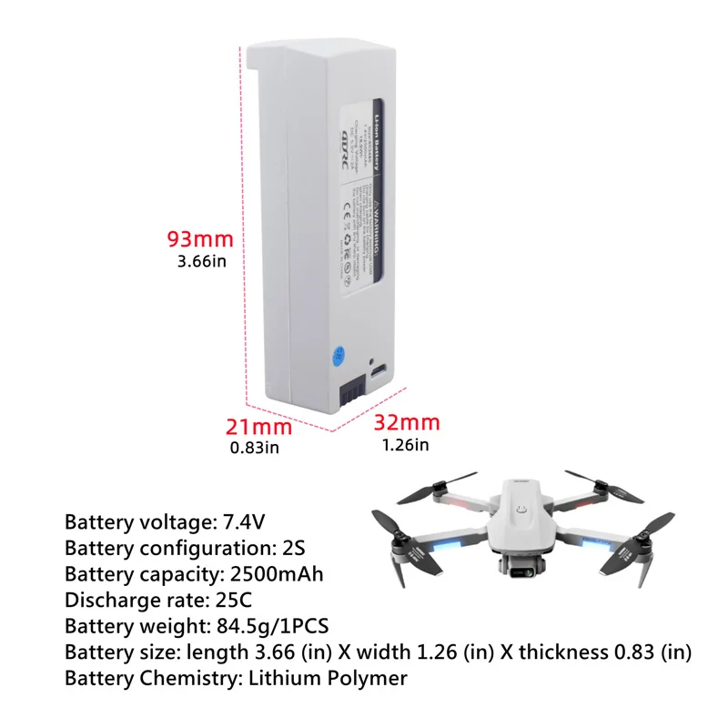 Vista frontal de la batería Lipo 7,4V 2500mAh