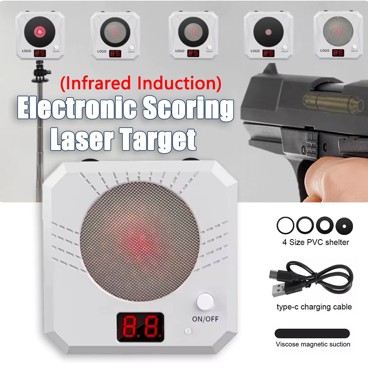 Objetivo láser en uso indoor mostrando efectos de sonido y luz