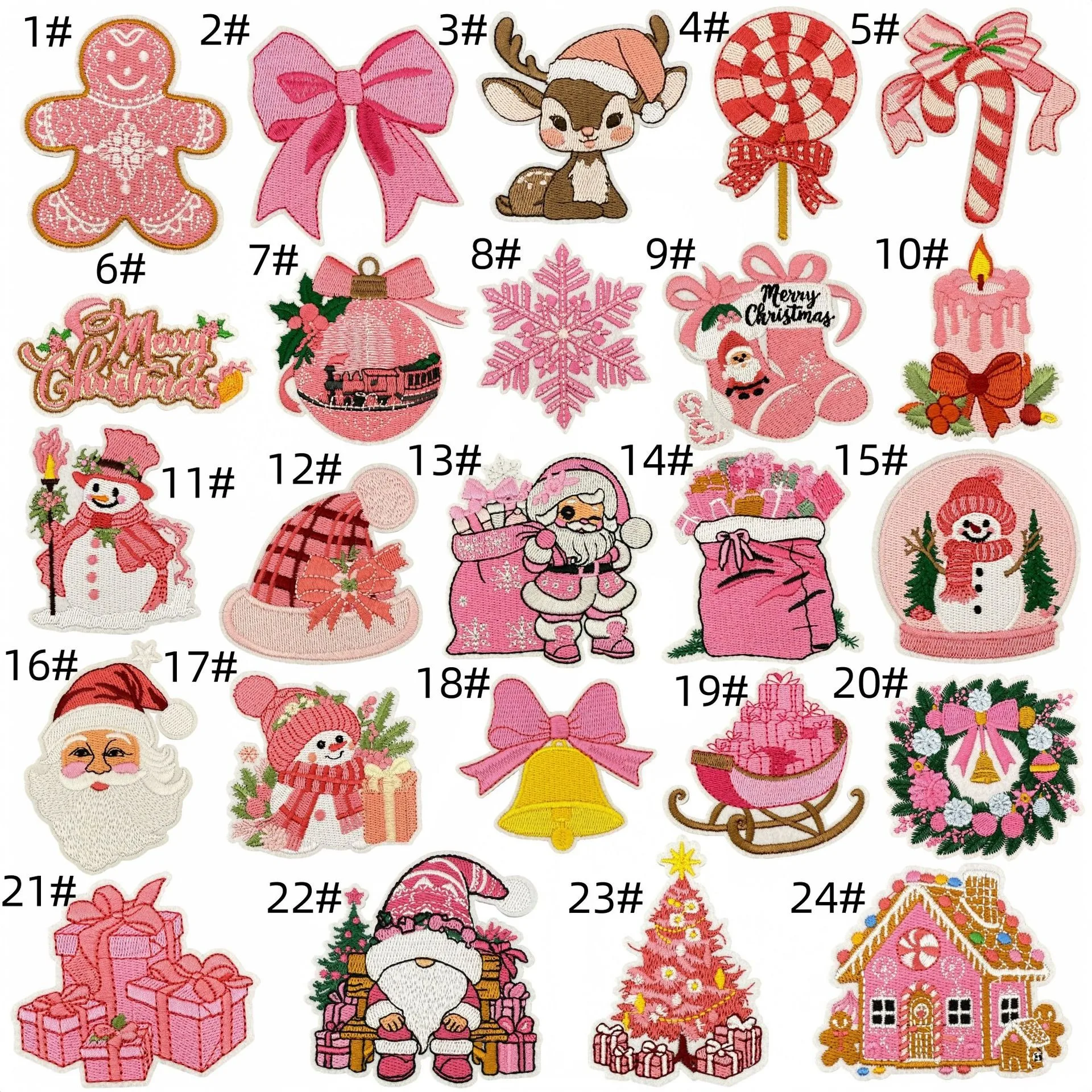 Papá Noel rosa y motivos navideños bordados