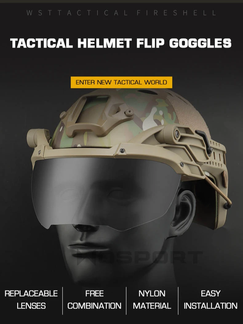 Vista frontal del casco táctico con gafas abatibles