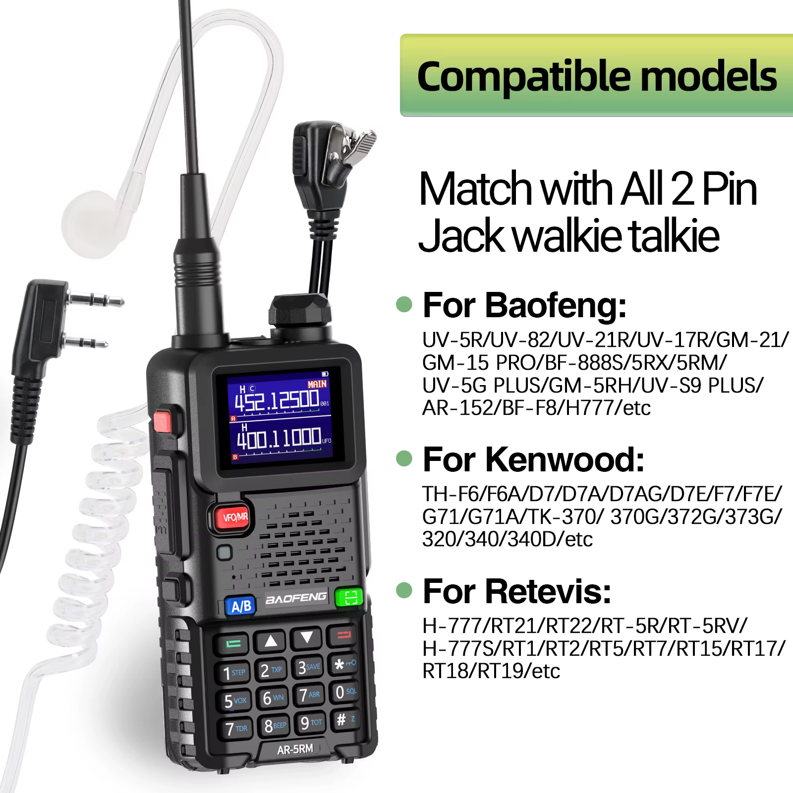 Auricular tubo acústico PTT Baofeng UV-5R para walkie con conector - imagen 2