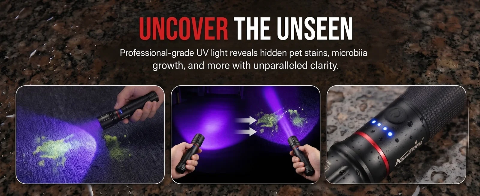 Linterna UV Alonefire con zoom y carcasa negra