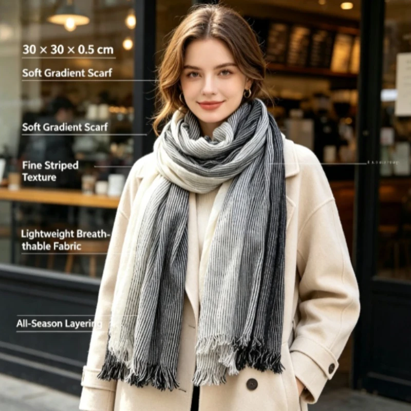 Bufanda a rayas de lino y algodón unisex para otoño e invierno - imagen 2