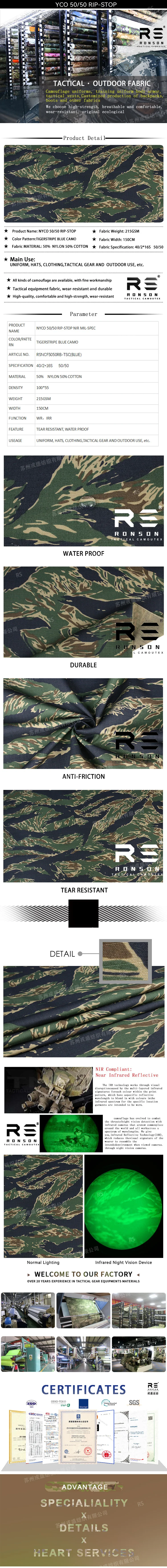 Tela NYCO 50/50 rip-stop camuflaje azul con rayas de tigre