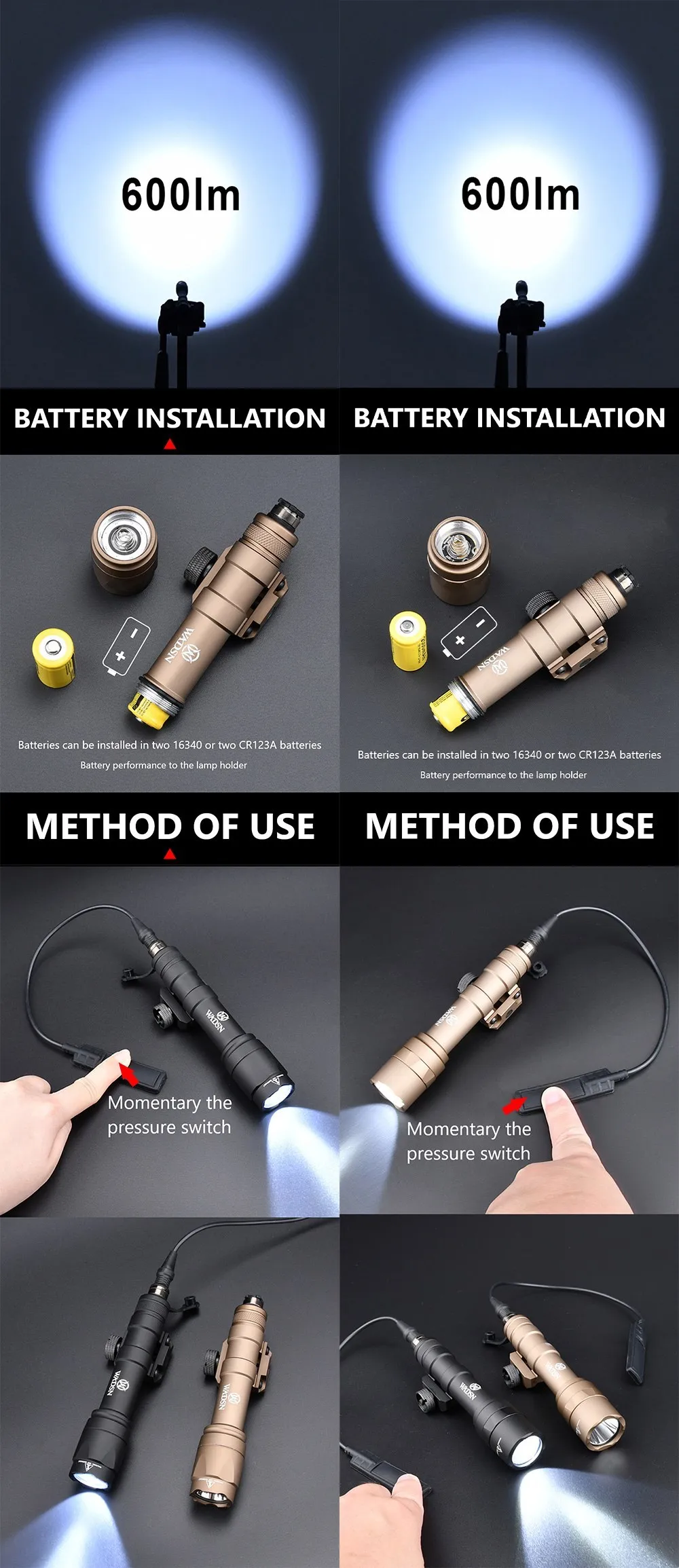 Detalle del interruptor táctico de la linterna LED