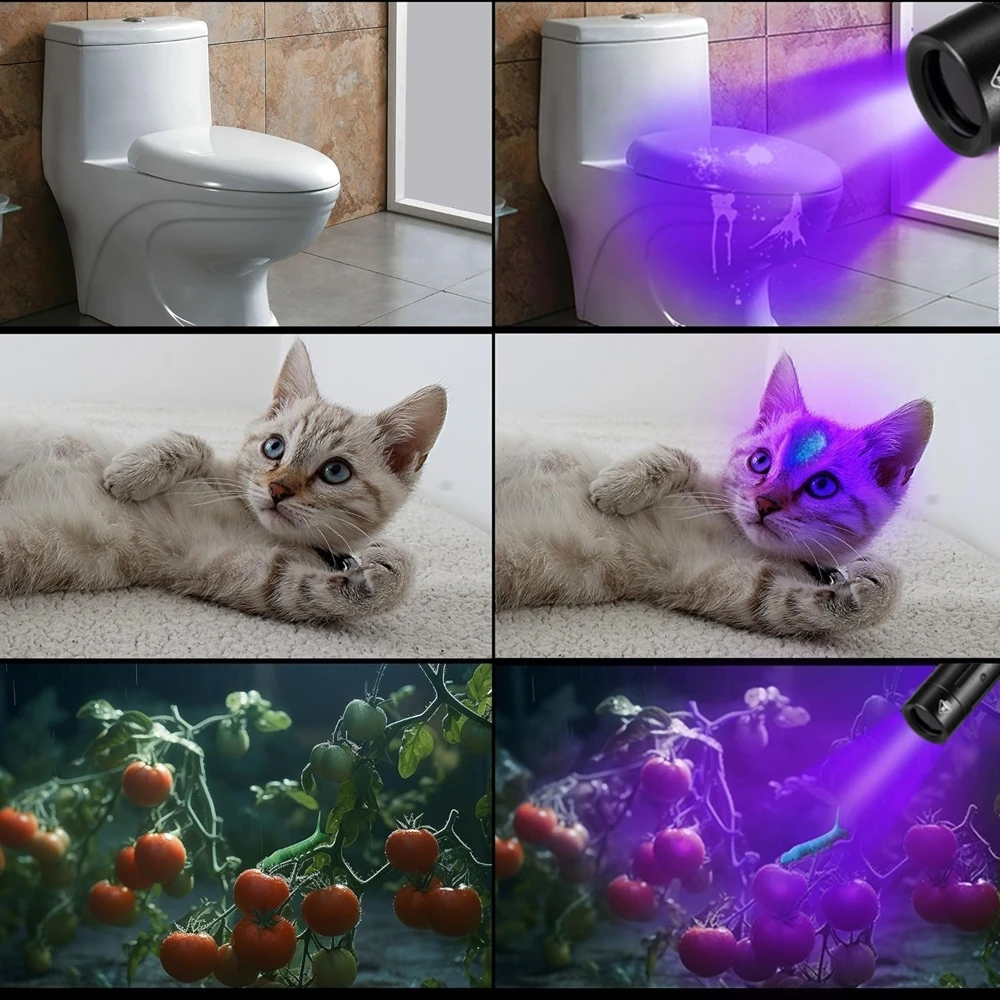 Linterna UV encendida en ambiente oscuro