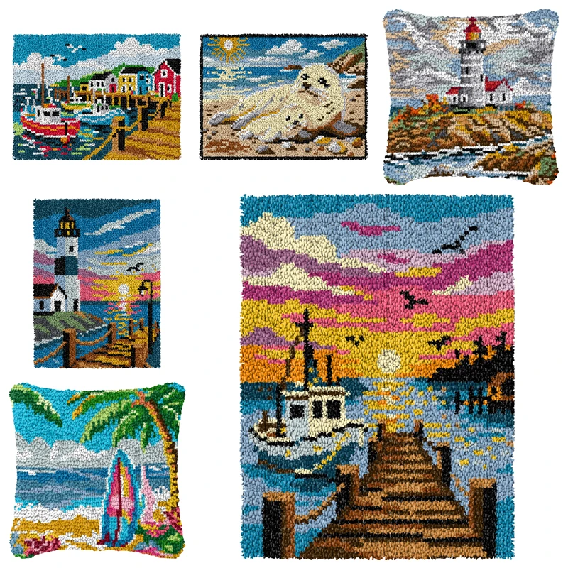 Kit con diseño costero tipo faro y océano para completar con bordado DIY