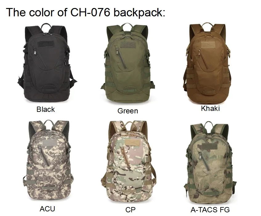 Vista frontal de la mochila táctica con correas ajustables y bolsillos frontales