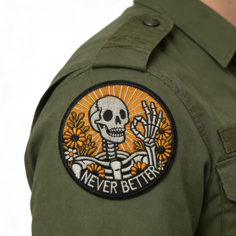 Parche bordado esqueleto Never Better floral con velcro para chaqueta - imagen 5
