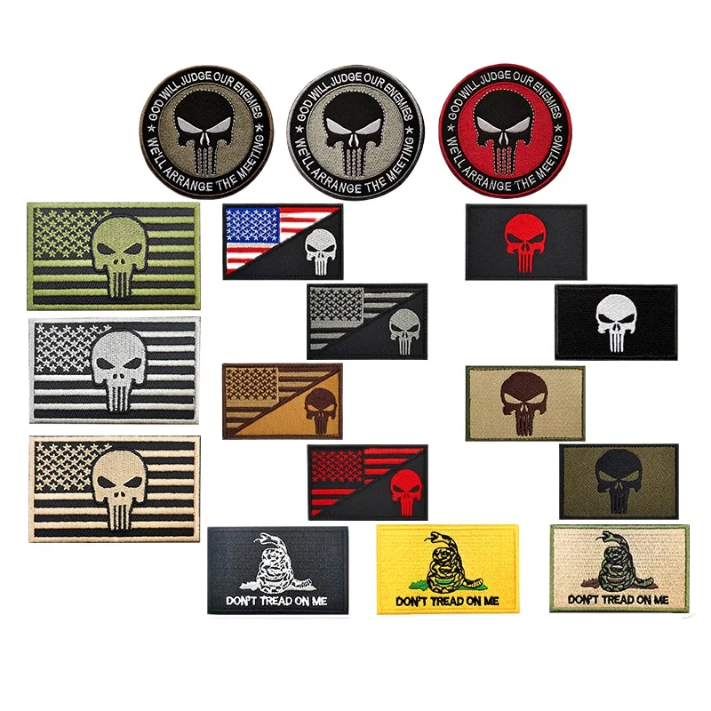 Parche bordado de gancho y bucle con motivo Punish Skull, bandera de EE. UU. y emblema Gadsden