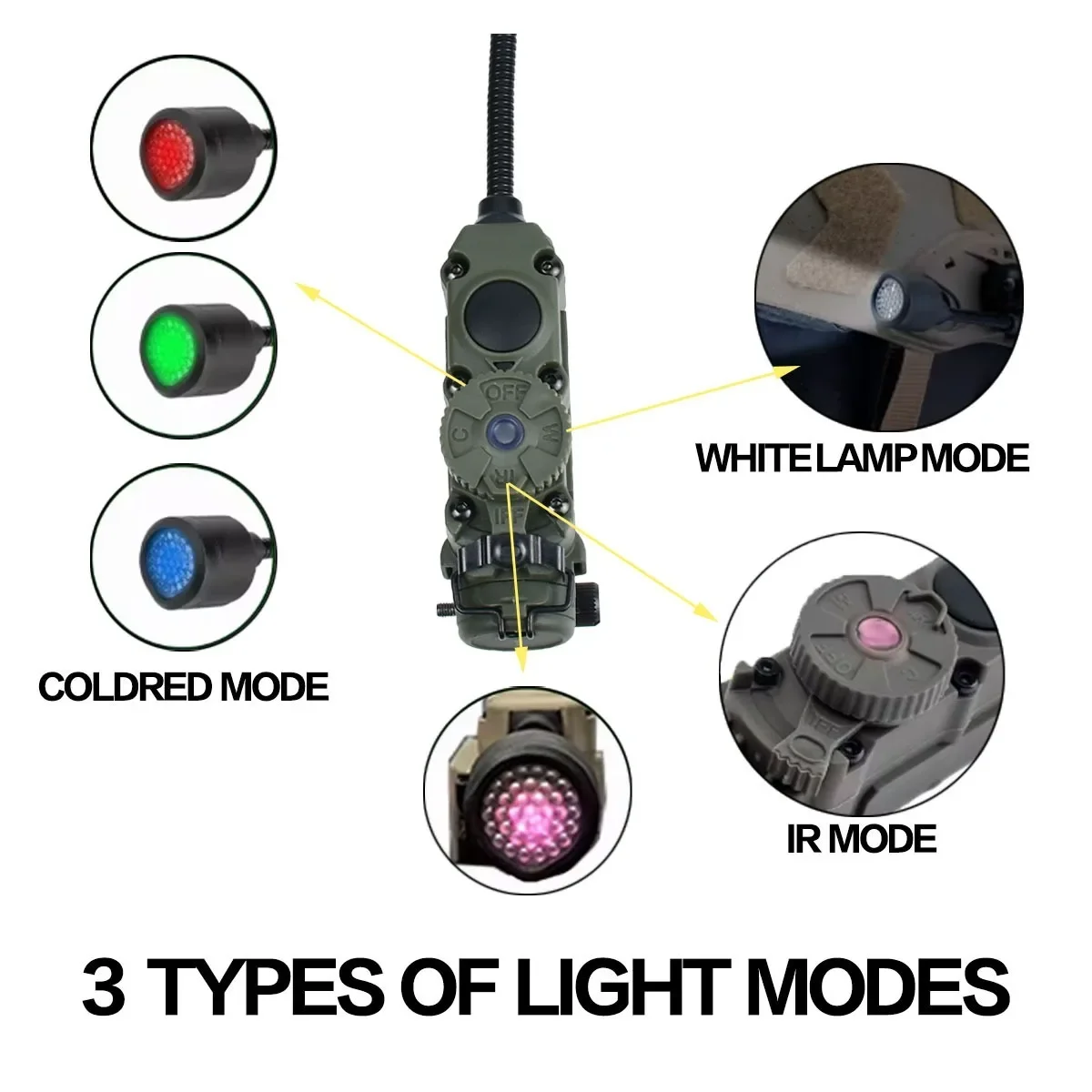 Detalle de los modos de iluminación de la lámpara táctica