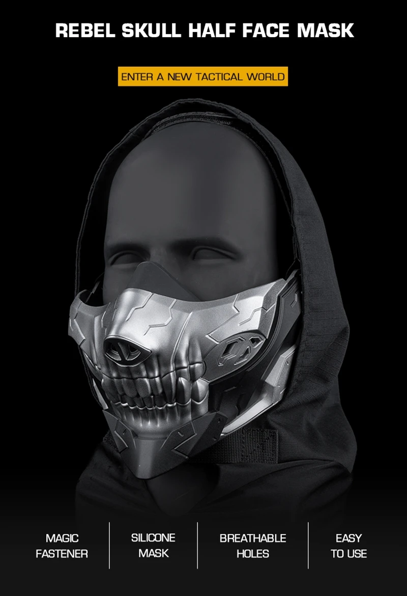 Máscara de media cara Rebel Skull en negro, rojo y plata