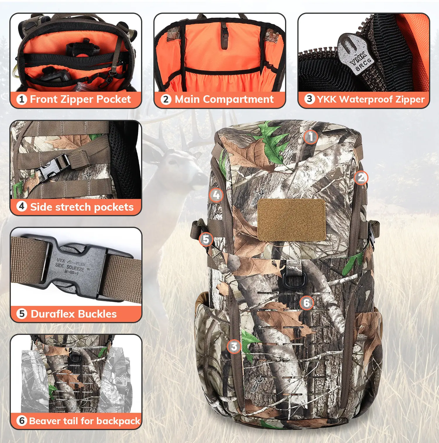 Mochila táctica MOLLE de camuflaje impermeable para caza y airsoft - imagen 5