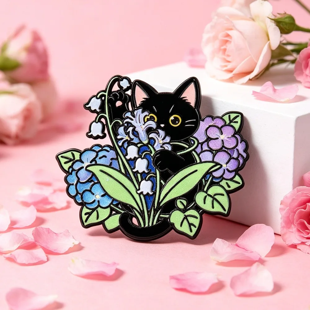 Broches esmaltados gato negro y flores – pines solapa mochila - imagen 3