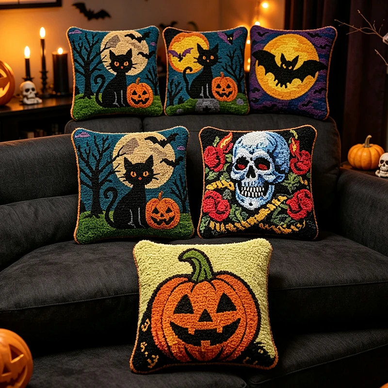 Almohada bordada decorativa Halloween luna llena murciélago tumba - imagen 2