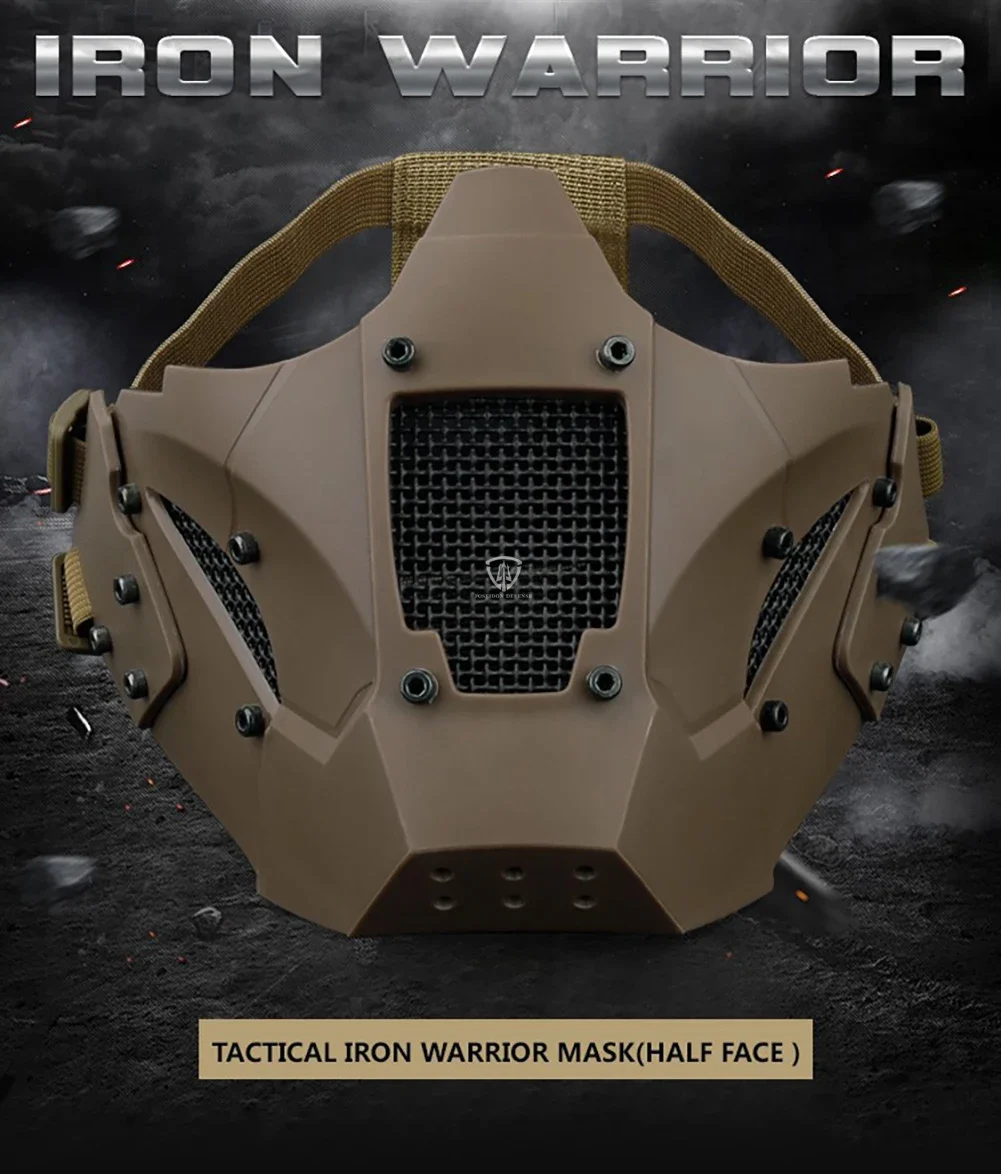 Vista frontal de la máscara IRON WARRIOR mostrando detalles de la rejilla y espuma