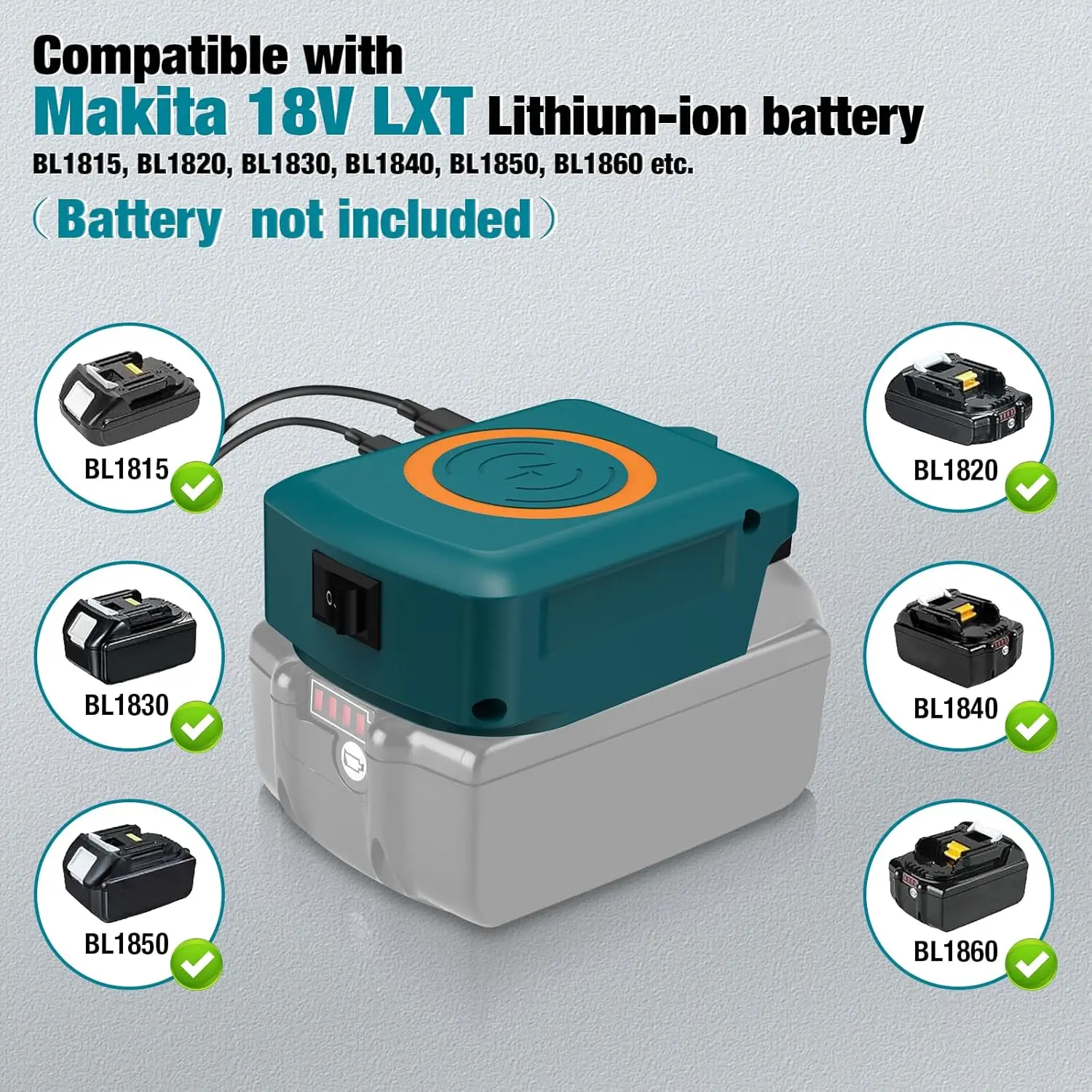 Adaptador carga inalámbrica Makita DeWalt Milwaukee 18V USB-C rápido