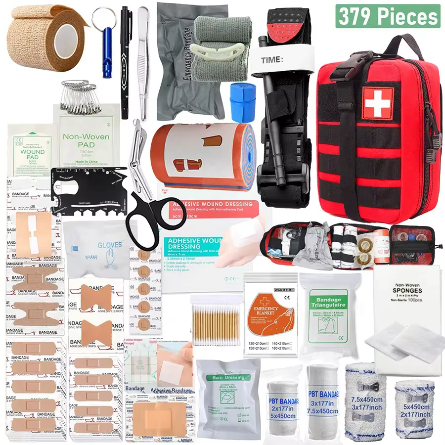 Vista general del Kit de Primeros Auxilios de Supervivencia de 379 Piezas con su bolsa de trauma
