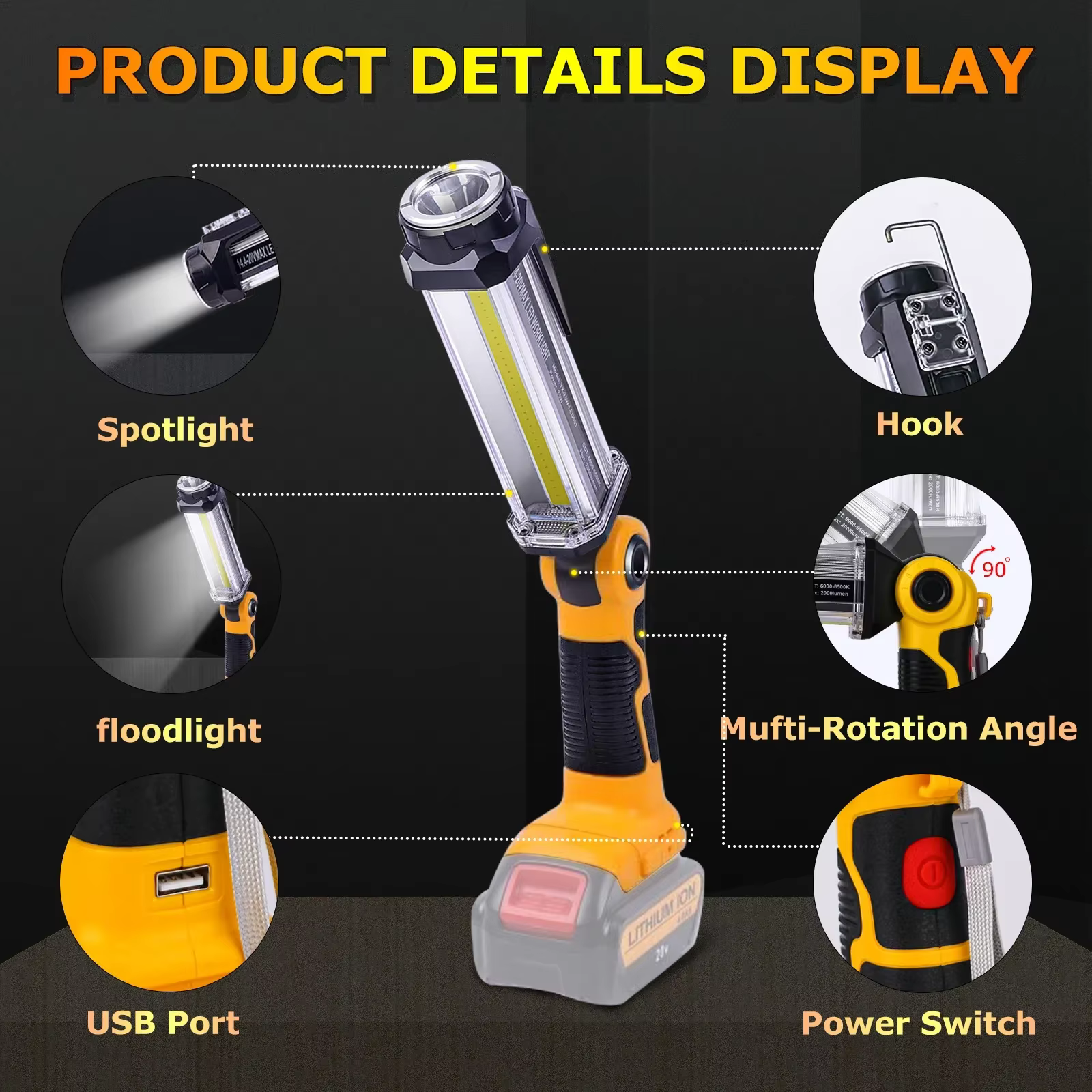Dewalt linterna LED 2000 lúmenes portátil 14.4V-18V USB Li-ion - imagen 3