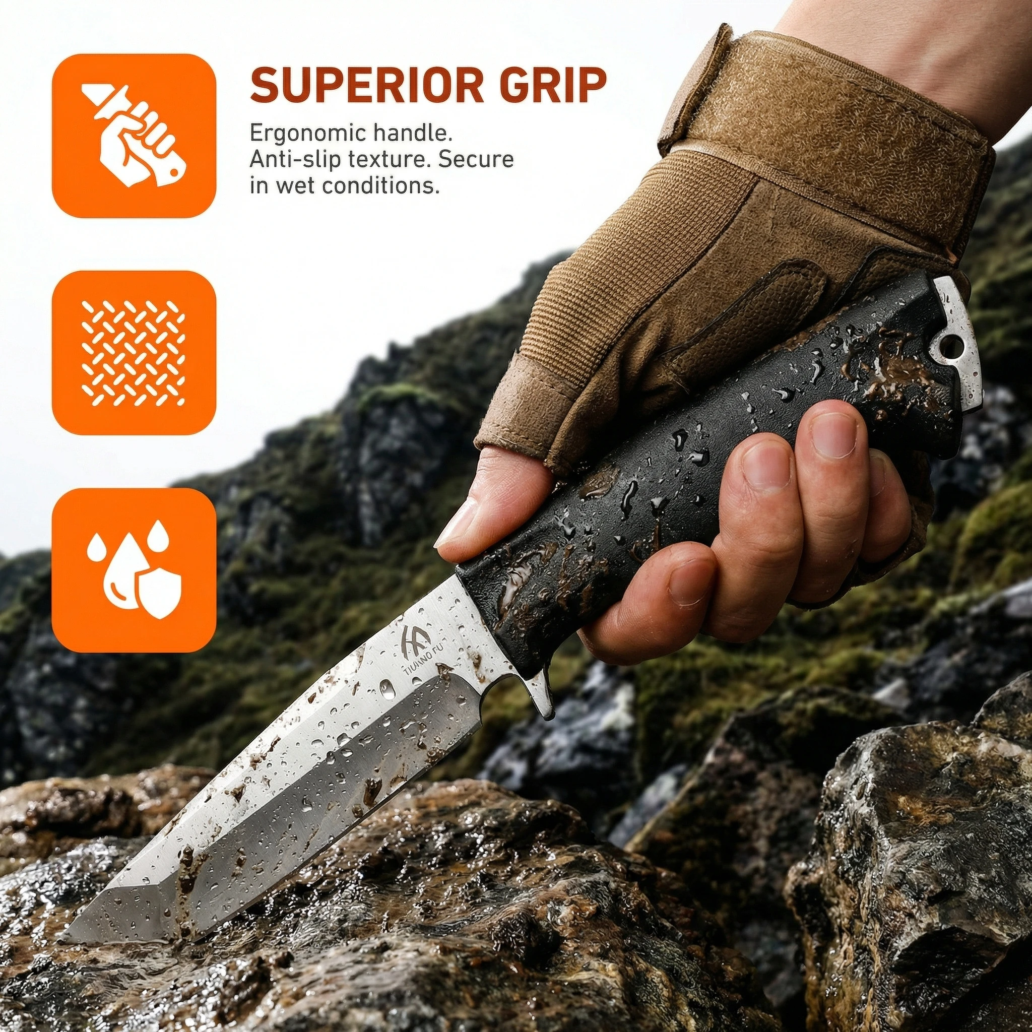 Cuchillo fijo táctico con funda, pequeño para aire libre y campo
