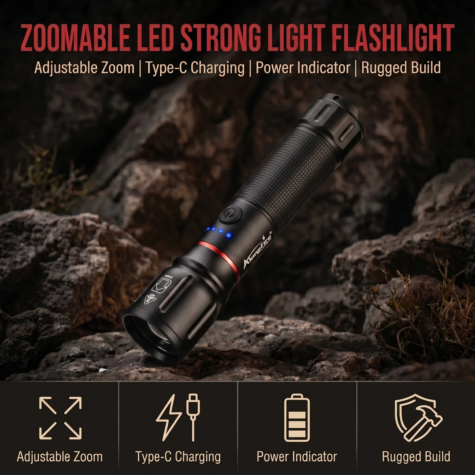 Alonefire linterna táctica LED Zoom recargable USB para camping - imagen 2