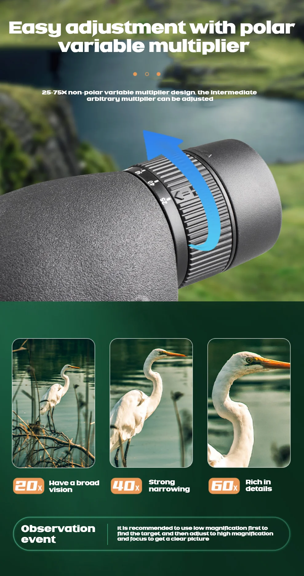 Zoom 25–75x de ajuste variable